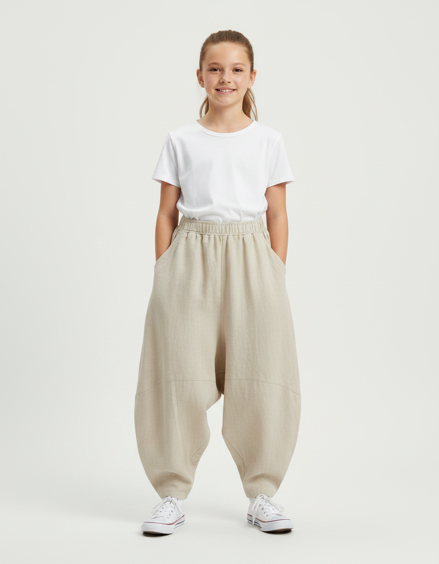 Pantalon Parachute Beige Lin Ample Décontracté Fille