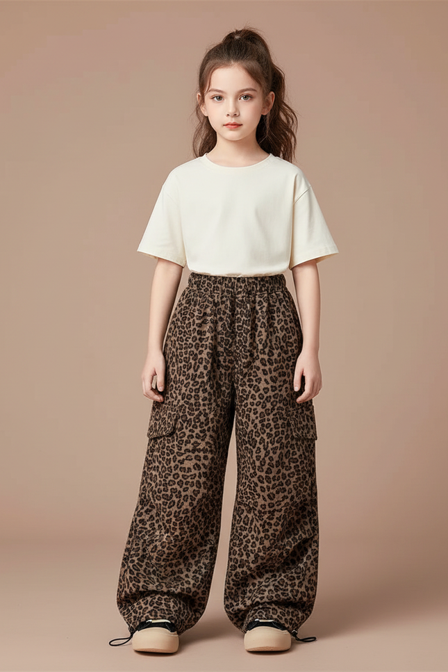 Pantalon Parachute Léopard Ample Cargo Fille - Imprimé Toile
