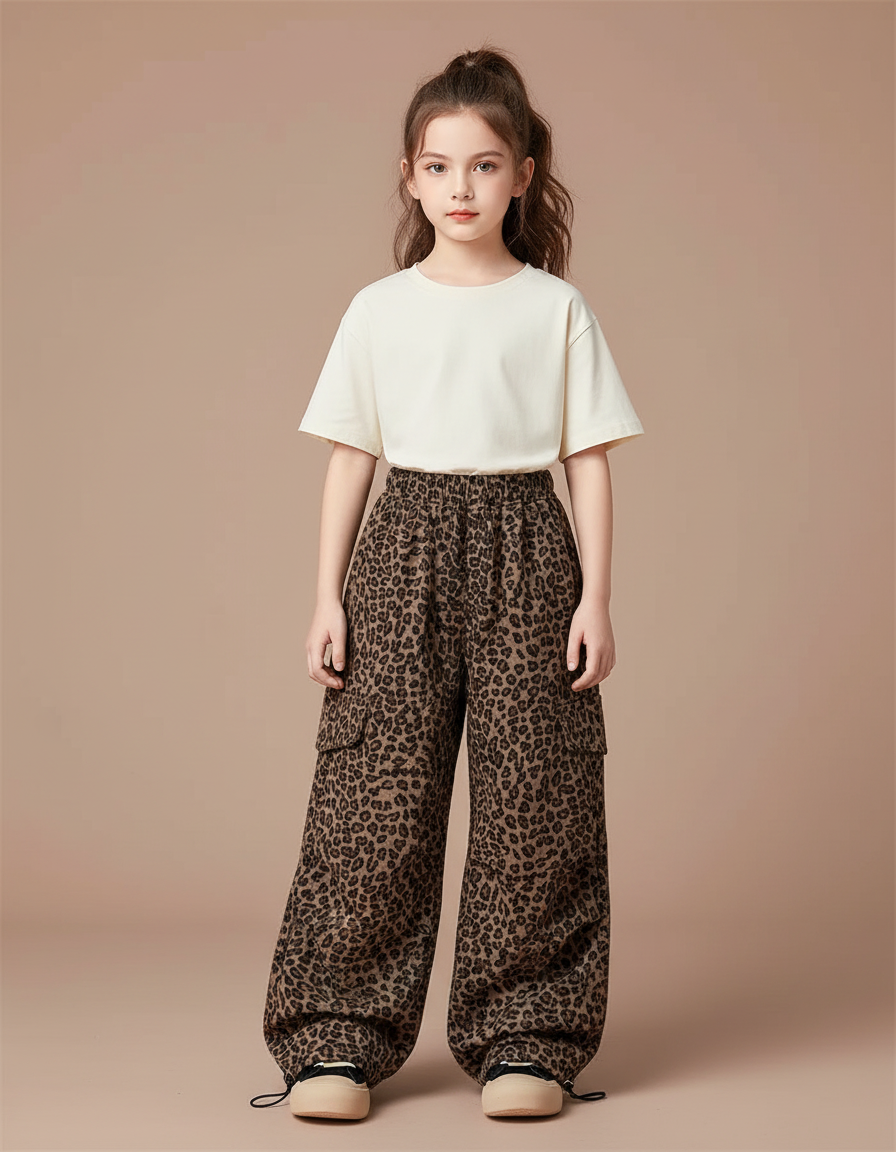 Pantalon Parachute Léopard Ample Cargo Fille - Imprimé Toile