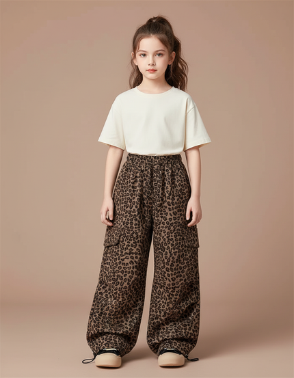 Pantalon Parachute Léopard Ample Cargo Fille - Imprimé Toile