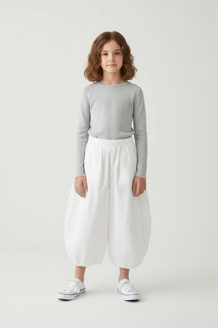 Pantalon Parachute Blanc Ample Bouffant Fille Coton