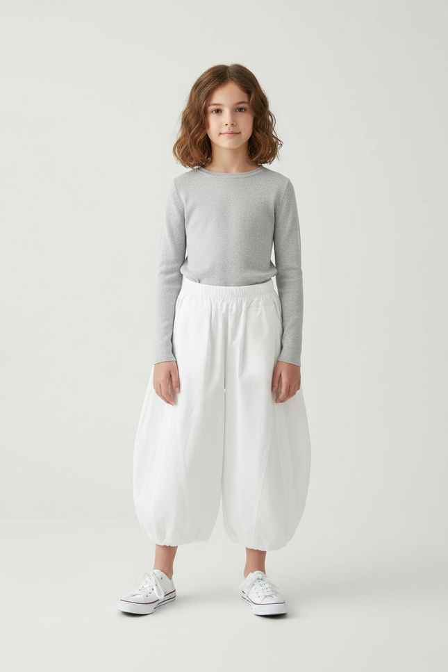 Pantalon Parachute Blanc Ample Bouffant Fille Coton