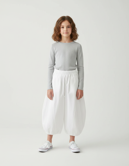 Pantalon Parachute Blanc Ample Bouffant Fille Coton