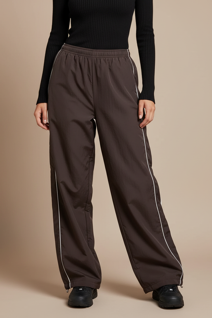 Pantalon Parachute Marron Ample Fluide Décontracté Rayures - Polyester