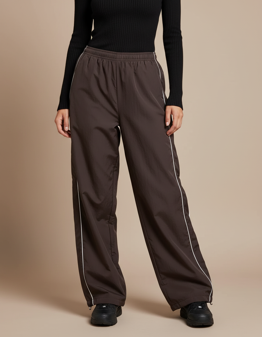 Pantalon Parachute Marron Ample Fluide Décontracté Rayures - Polyester