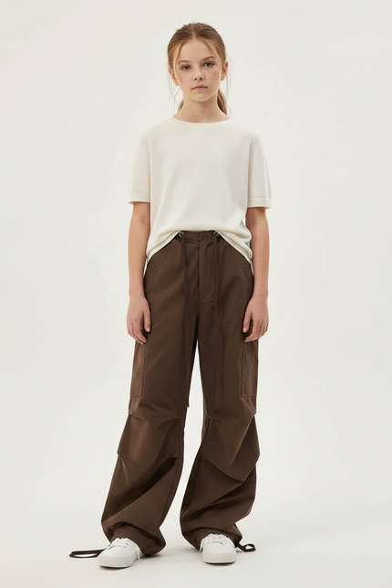 Pantalon Parachute Marron Cargo Ample Streetwear Femme - Toile