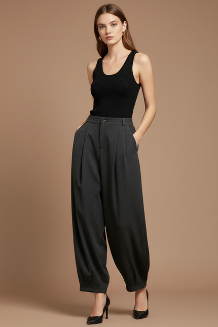 Pantalon Parachute Gris Ample Plissé Chic Femme - Polyester
