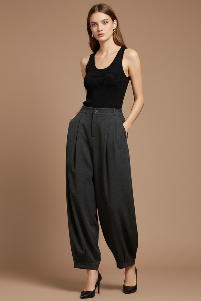 Pantalon Parachute Gris Ample Plissé Chic Femme - Polyester