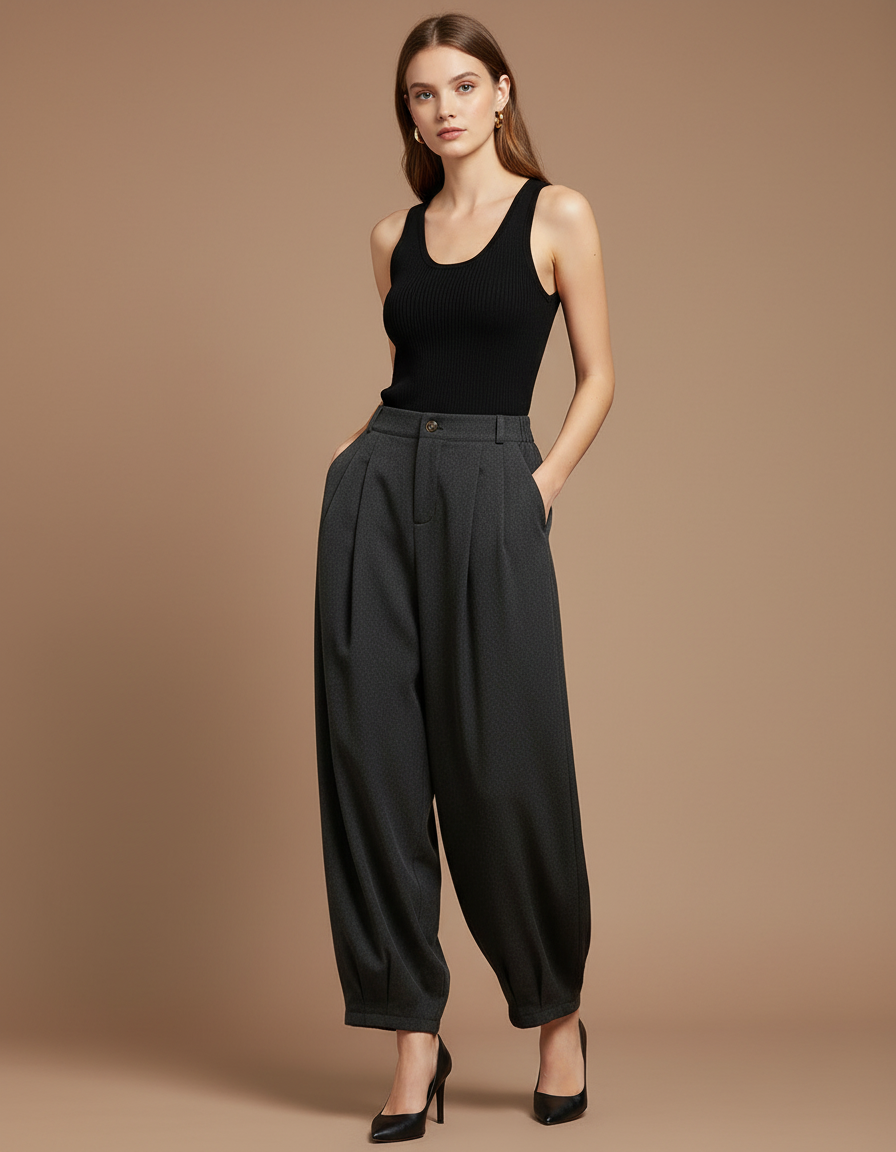 Pantalon Parachute Gris Ample Plissé Chic Femme - Polyester