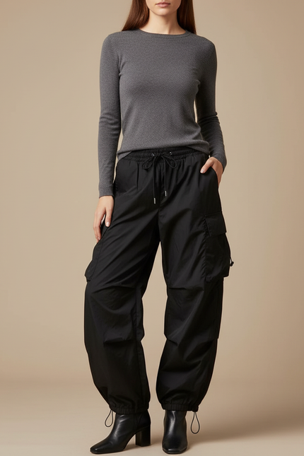 Pantalon Parachute Femme Noir Cargo - Polyester
