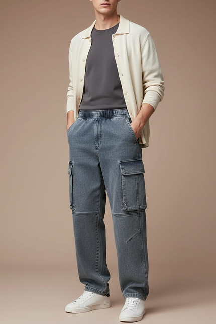 Pantalon Parachute Cargo Denim Ample Décontracté Homme - Bleu Jean