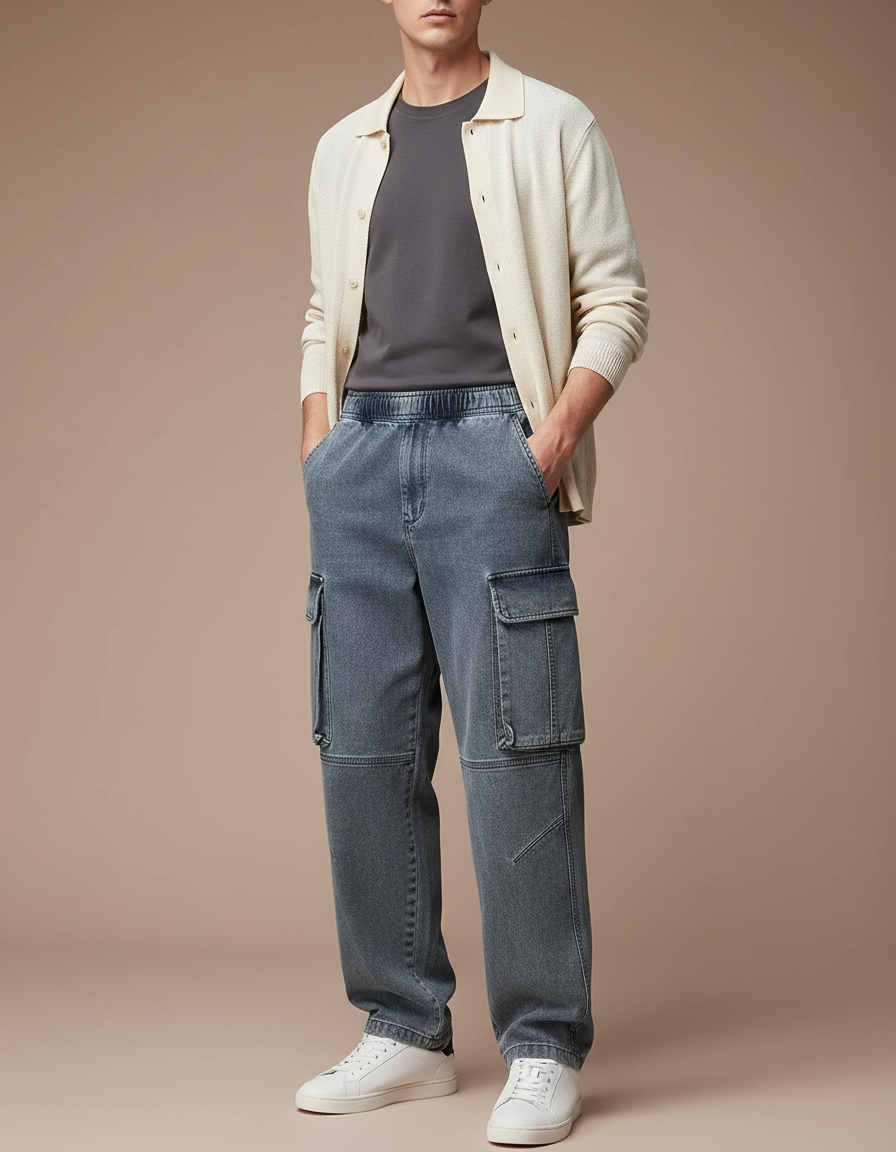 Pantalon Parachute Cargo Denim Ample Décontracté Homme - Bleu Jean