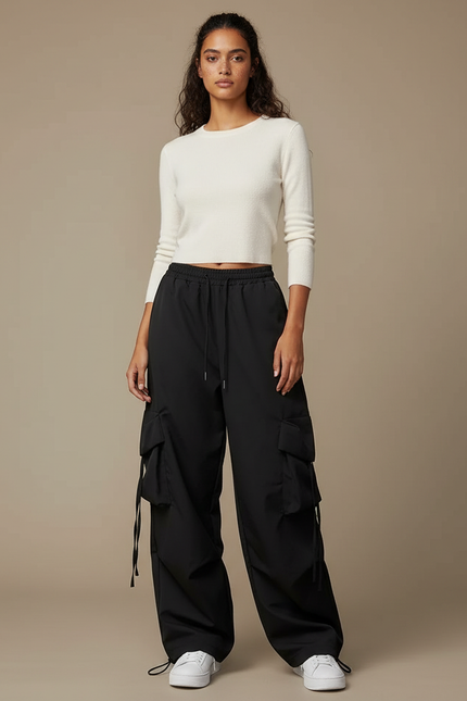Pantalon Parachute Noir Cargo Ample Femme Y2K - Polyester