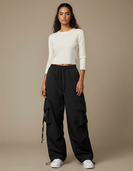 Pantalon Parachute Noir Cargo Ample Femme Y2K - Polyester