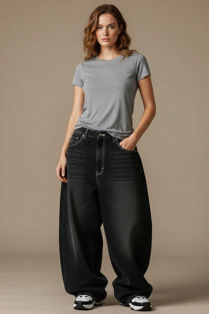 Pantalon Parachute Noir Délavé Ample Denim Femme Streetwear - Jean