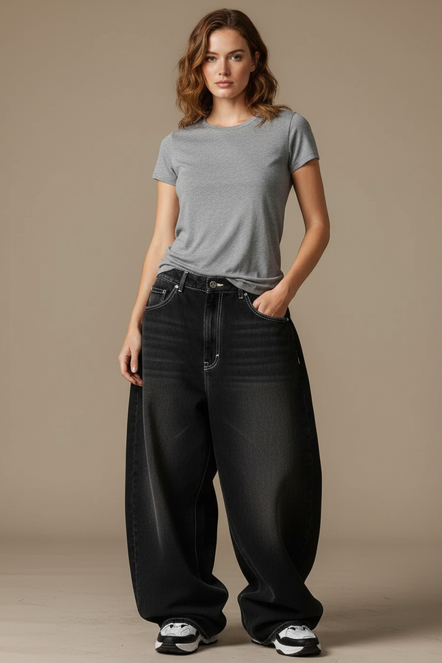 Pantalon Parachute Noir Délavé Ample Denim Femme Streetwear - Jean