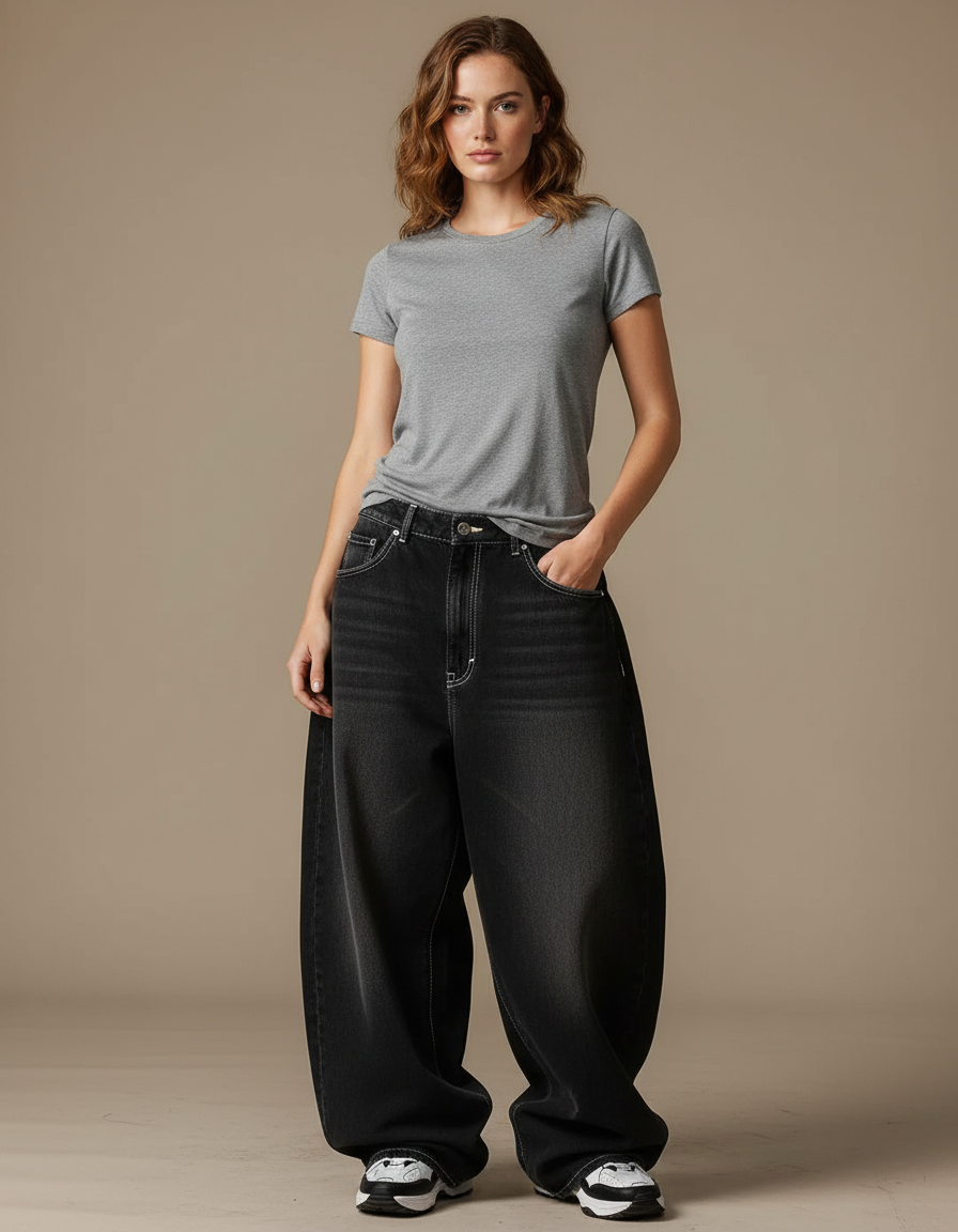 Pantalon Parachute Noir Délavé Ample Denim Femme Streetwear - Jean