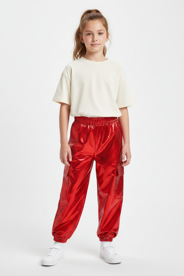 Pantalon Parachute Rouge Métallique Cargo Brillant Enfant - Polyester