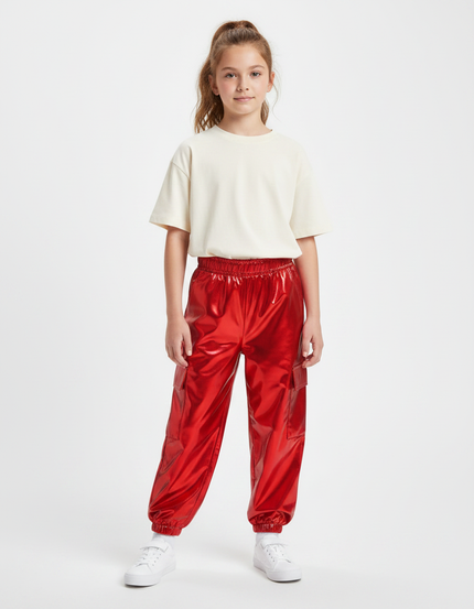 Pantalon Parachute Rouge Métallique Cargo Brillant Enfant - Polyester