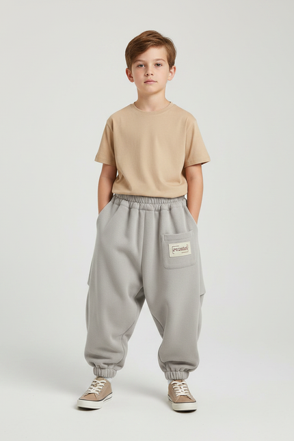 Pantalon Parachute Garçon Gris Resserré Aux Chevilles Streetwear - Molleton