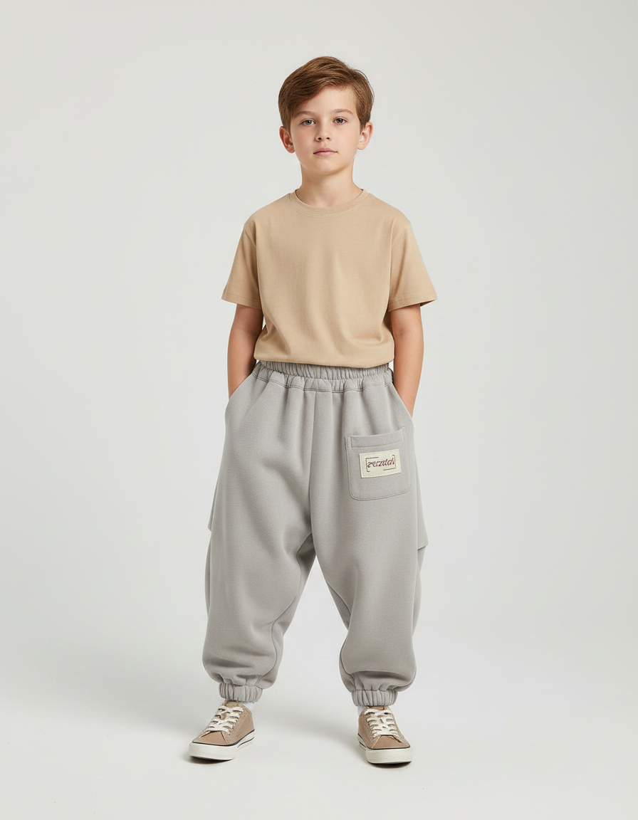 Pantalon Parachute Garçon Gris Resserré Aux Chevilles Streetwear - Molleton