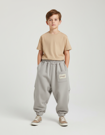 Pantalon Parachute Garçon Gris Resserré Aux Chevilles Streetwear - Molleton