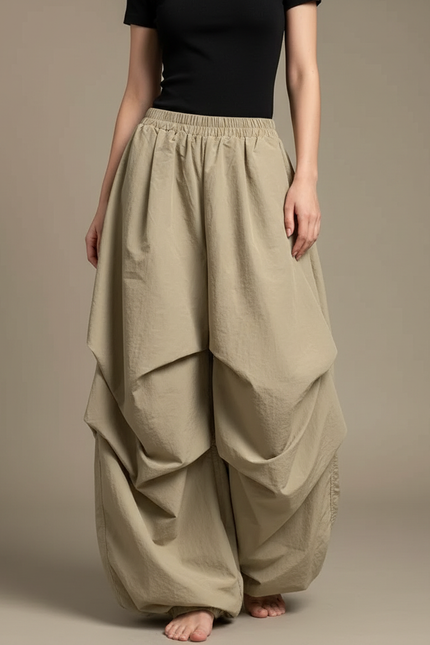 Pantalon Parachute Kaki Ample Plissé Décontracté Femme - Polyester