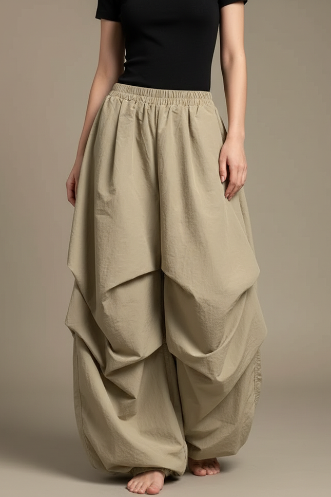 Pantalon Parachute Kaki Ample Plissé Décontracté Femme - Polyester
