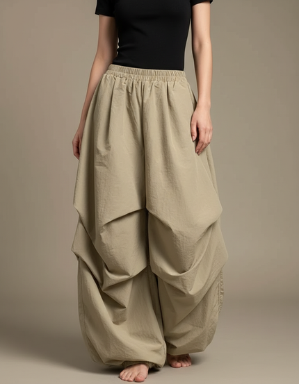 Pantalon Parachute Kaki Ample Plissé Décontracté Femme - Polyester