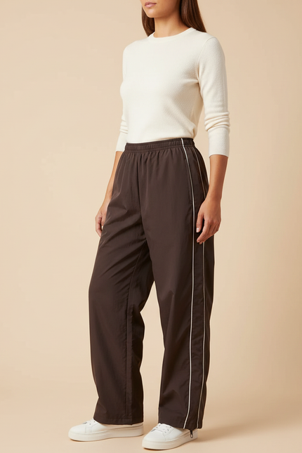 Pantalon Parachute Marron Ample Fluide Cordon Sportif - Polyester