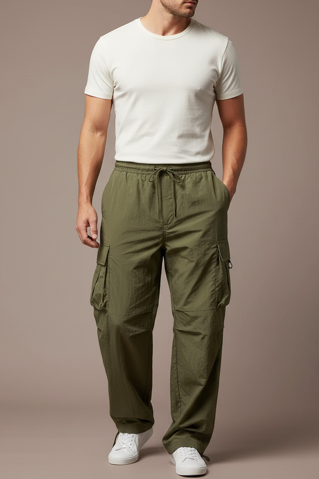 Pantalon Parachute Kaki Ample Cargo Léger Homme - Polyester