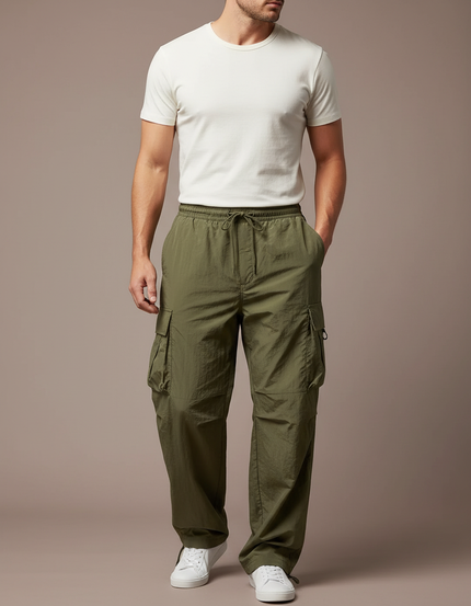 Pantalon Parachute Kaki Ample Cargo Léger Homme - Polyester