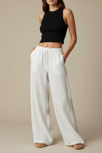 Pantalon Parachute Blanc Lin Ample Fluide Décontracté