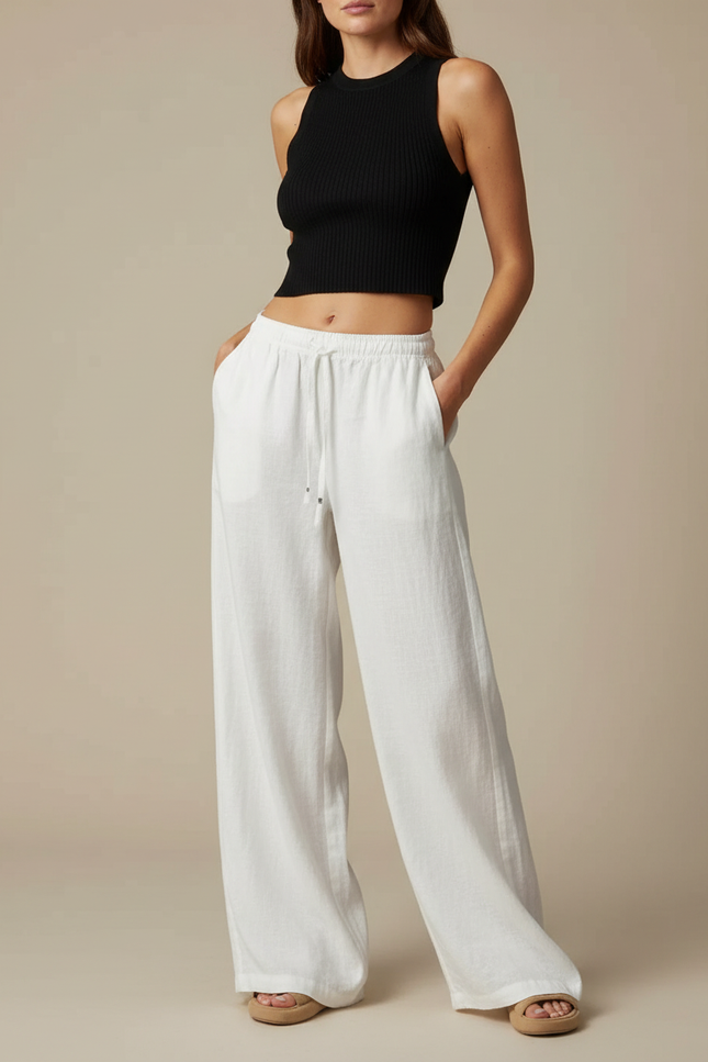 Pantalon Parachute Blanc Lin Ample Fluide Décontracté