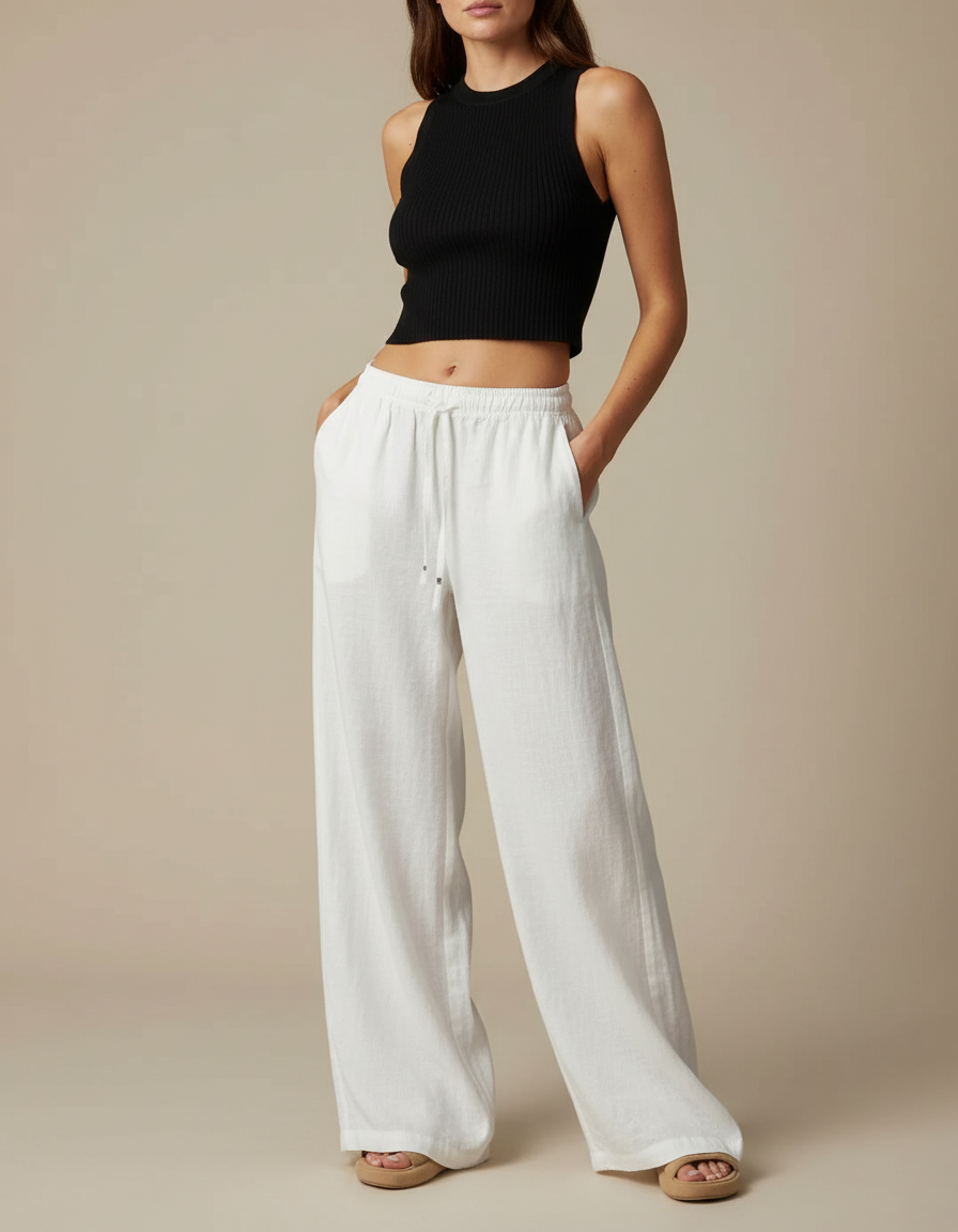 Pantalon Parachute Blanc Lin Ample Fluide Décontracté