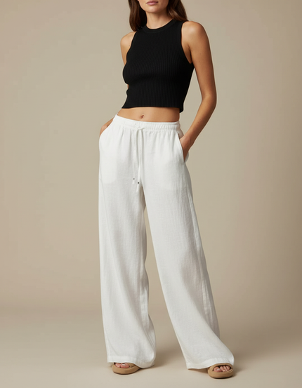 Pantalon Parachute Blanc Lin Ample Fluide Décontracté