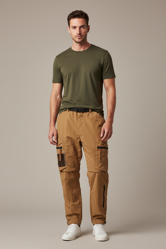 Pantalon Parachute Marron Cargo Zippé Décontracté Homme - Camel Polyester