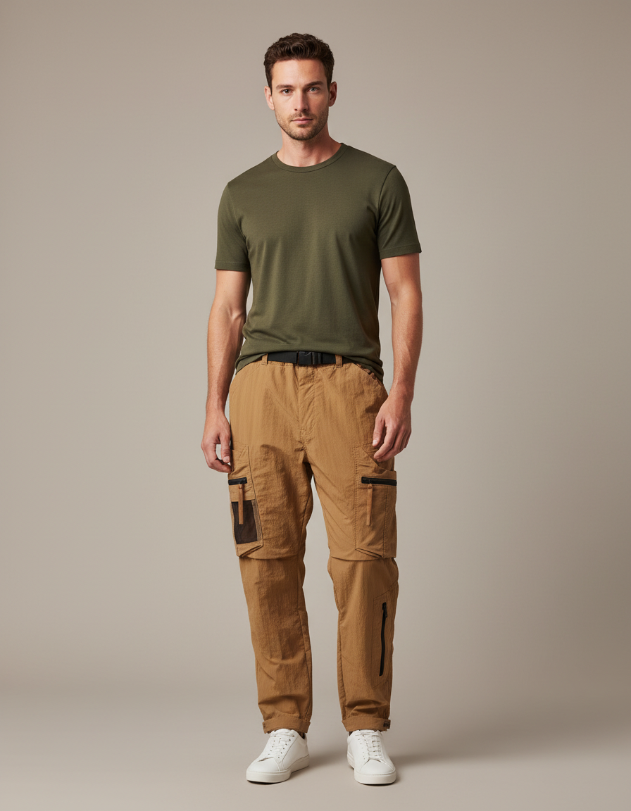Pantalon Parachute Marron Cargo Zippé Décontracté Homme - Camel Polyester
