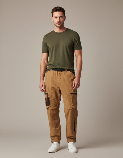 Pantalon Parachute Marron Cargo Zippé Décontracté Homme - Camel Polyester