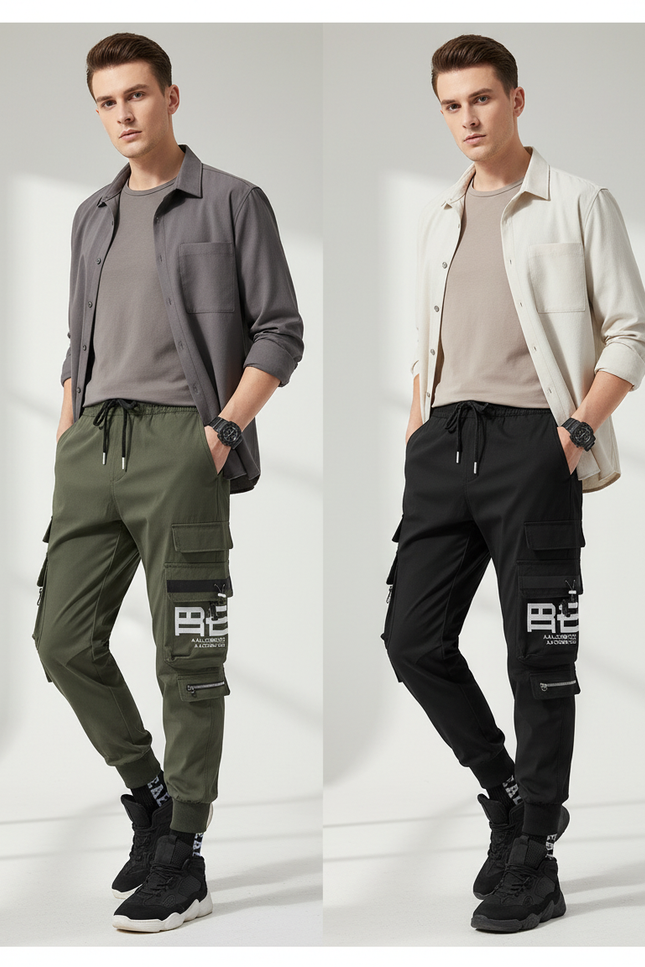 Pantalon Parachute Cargo Imprimé Cordon Jogger Homme - Noir Polyester