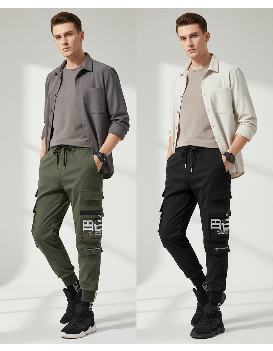 Pantalon Parachute Cargo Imprimé Cordon Jogger Homme - Noir Polyester