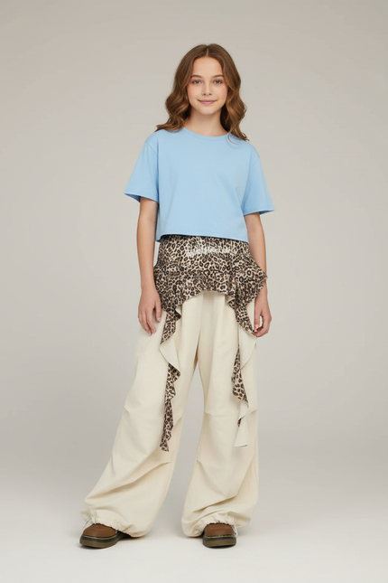 Pantalon Parachute Crème Ample Léopard Enfant Décontracté - Beige Coton