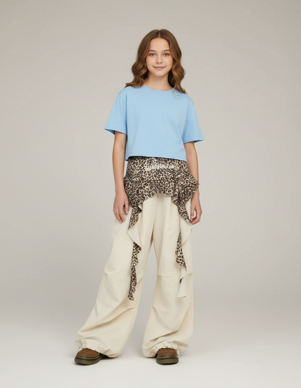 Pantalon Parachute Crème Ample Léopard Enfant Décontracté - Beige Coton