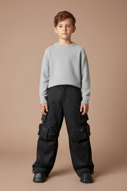 Pantalon Parachute Noir Cargo Ample Garçon Urbain - Polyester