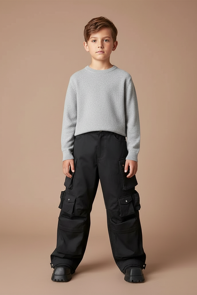 Pantalon Parachute Noir Cargo Ample Garçon Urbain - Polyester