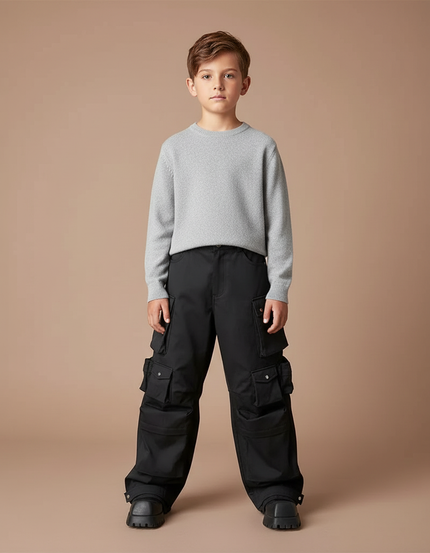 Pantalon Parachute Noir Cargo Ample Garçon Urbain - Polyester