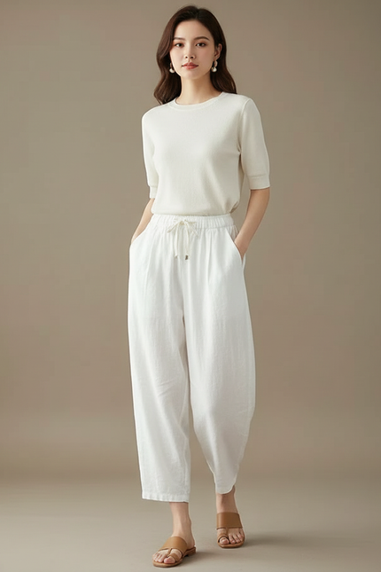 Pantalon Parachute Blanc Lin Ample Taille Haute Décontracté