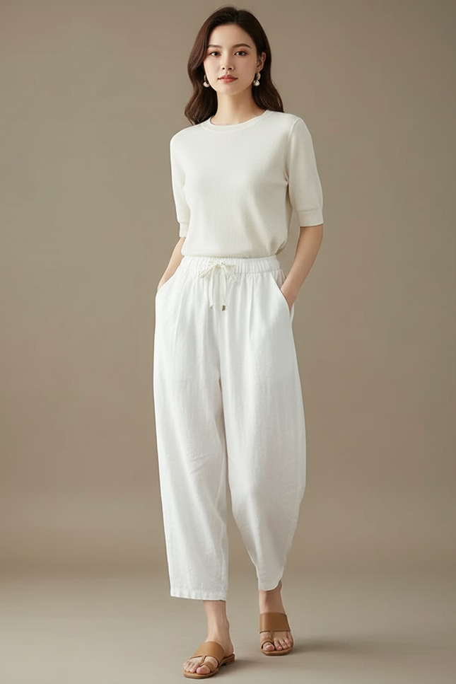 Pantalon Parachute Blanc Lin Ample Taille Haute Décontracté