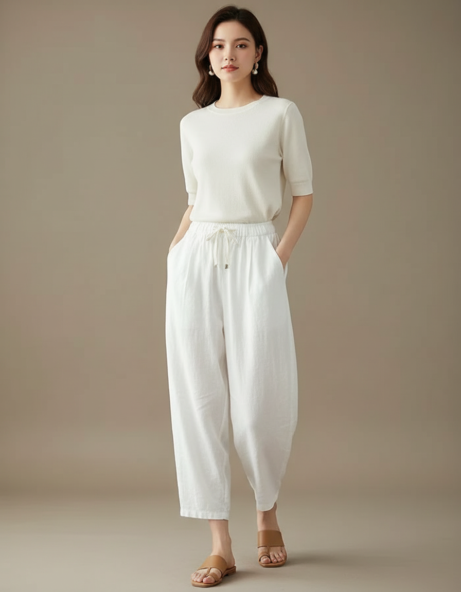 Pantalon Parachute Blanc Lin Ample Taille Haute Décontracté