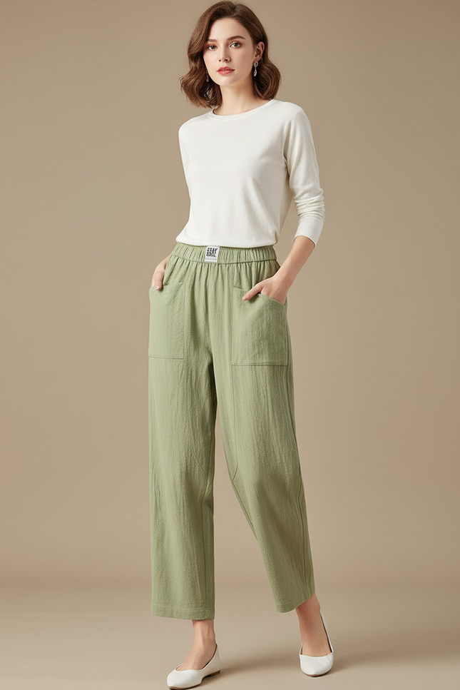 Pantalon Parachute Vert Coton Ample Droit Décontracté Femme